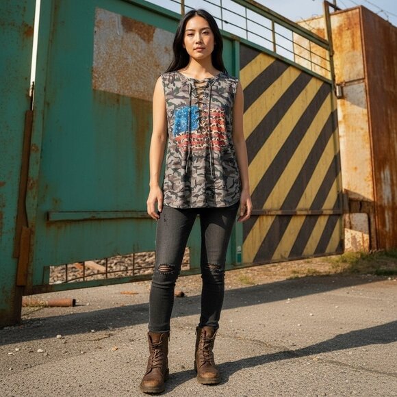 Women 3XL Camouflage Flag U.S.A Deep V-Neck Lace-up Sleeveless Grunge Biker - Picture 2 of 4